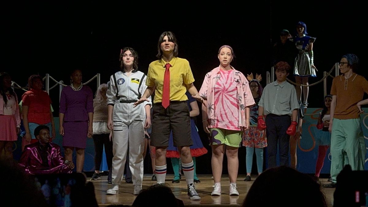 Anette Antunes, Campbell DeSosa, and Avery Evans (foreground) and the rest of the cast of SpongeBob the Musical pose during the final scene of the show on Dec. 7.  Photo courtesy of Campbell DeSosa.