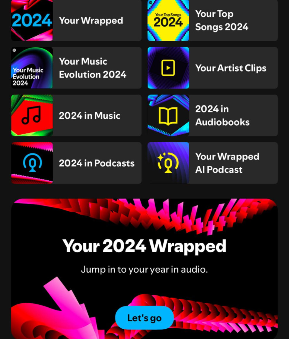 A sample Of the Spotify Wrapped 2024 menu.